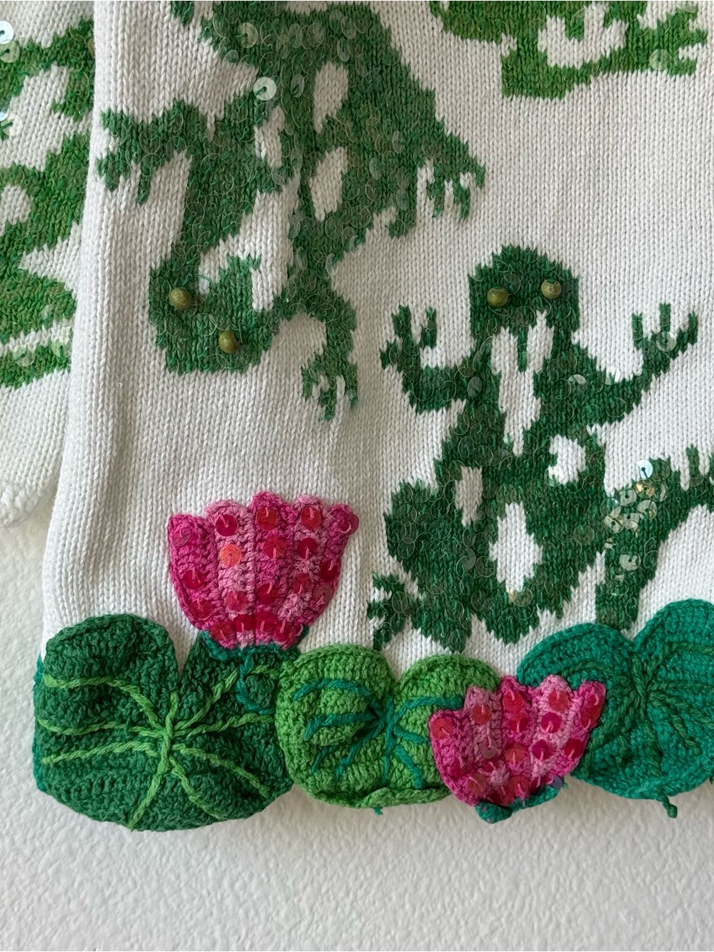 Vintage Janes Closet Frog Lily Pad Sequin Cardigan Sweater Art to Wear - Picture 6 of 12